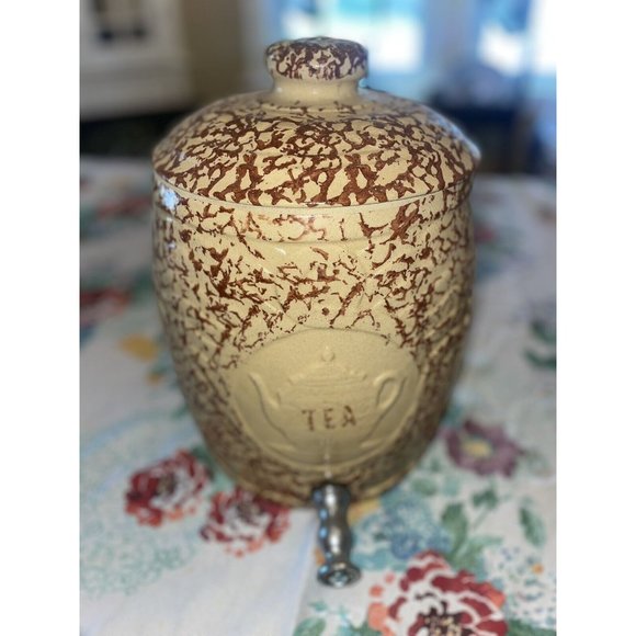 USA  crock roseville oh Spongeware Stoneware ICED TEA Cooler Dispenser w Lid - Picture 1 of 8